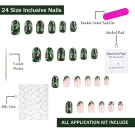 Christmas Press on Nails Short Almond OFDNE Green French Tip Fake Nails False Nails with Designs Leaves Full Cover Glossy Glue on Nails Acrylic Nails Stick on Nails for Women Girls 24 Pcs