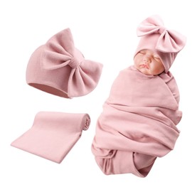 Newborn Baby Girl Hat Receiving Blanket Cotton Baby Bow Beanie Swaddle Spring Infant Hats for Girls (Skin Pink Hat+Swaddle, 0-6 Months)