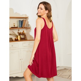 Ekouaer Christmas Women's Nightgown Sleeveless Sleepwear Wide Strap Sleep Shirt Pleated Scoopneck Nightshirt S-XXL Dark Red