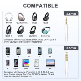 Zosvoses QC35 Inline Mic Compatible with Bose 700 QuietComfort QC25 QC35 QC35II QC45 SoundLink SoundTrue On-Ear Headphones, 3.5mm to 2.5mm Audio Cable with Volume Control, 5ft (White)