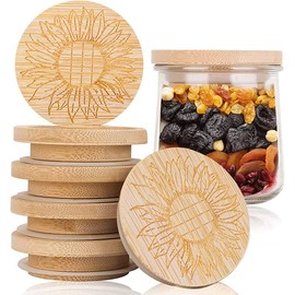 Elecpioneev Oui Yogurt Jar Lids Set, Bamboo Jar Lids with Sunflower Pattern for Oui Yogurt Jars, Yogurt Jars Lids with Silicone Sealing Rings, Airtight Glass Storage Lids for Coffee (6 PCS Sunflower)
