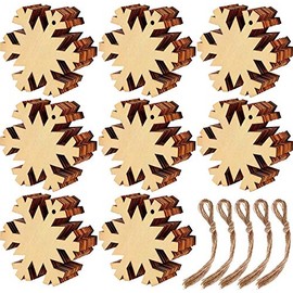 KAHEIGN 60Pcs Wooden Christmas Ornaments, Snowflake Shape Wood Slice Ornaments for New Year Christmas Tree DIY Pendant Decoration - with 60Pcs Hanging Cords