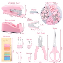 ATDORO Office Supply Set, 10 Set Desk Accessories Include Stapler and Tape Dispenser Lndex Tabs Staple Remover Hole Punch Scissor and Clips Accessories Office Supply for Students (Pink)