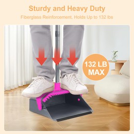 Duraone Broom and Dustpan Set, Broom with Dustpan Combo Set, Broom with Standing Dustpan, Dustpan with 51'' Long Handle, Broom and Dust Pan Set Heavy Duty for Kitchen Garage Looby Office - Rose Red