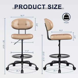 Misolant Drafting Chair Without Arms, Tall Office Chair with Footrest Ring for Standing Desk, Small Faux Leather Executive Office Chair with Adjustable Height for Bar Lab Counter Height Desk, Brown