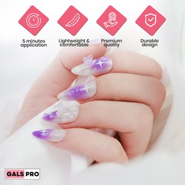 GALSPRO Medium Press on Nails - Set of 24 Fake Nails with Designs in 12 Different Sizes for Perfect Fit, Cute False Nails Kit for Women with 0.07oz Nail Glue (VIOLETGLOW ALMOND SHAPE, Medium)