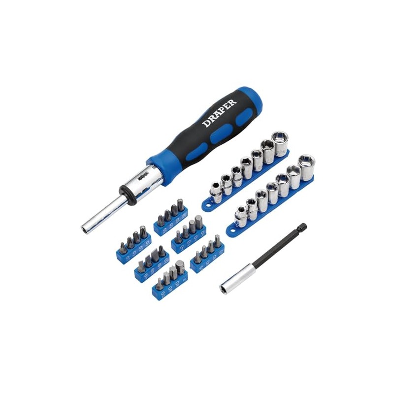 Draper 21010 Ratchet Screwdriver Socket and Bit Set, 1/4" Sq.