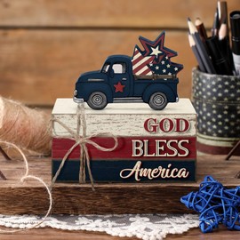 Yuntau 4 Pcs Patriotic Tabletop Decorations Wooden Memorial Day Signs Decorative Red White Blue Books Stack 4th of July Tiered Tray Decor Rustic Farmhouse Gold Bless America Decor for Home Desk Shelf