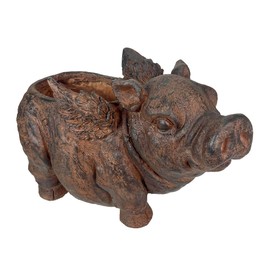 Whimsical Flying Pig Planter with Drain Hole – 17 Inch Brown Magnesium Oxide Animal Planter for Succulents, Flowers, Indoor Outdoor Rustic Farmhouse Decor – Weather-Resistant Pig Garden Pot