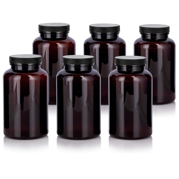 Amber PET Plastic Packer Bottle with Black Ribbed Lid 17 oz (6 pack)