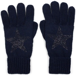 styleBREAKER Damen Handschuhe mit Strass Nieten Stern Applikation und doppeltem Bund, warme Strickhandschuhe 09010008, Farbe:Midnight-Blue/Dunkelblau