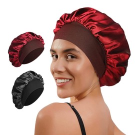 Norhogo Satin Bonnet Sleep Cap, Pack of 2, Breathable Sleep Cap, Night Cap, Silk Sleep Cap with Elastic Band for Women and Girls, with Two Additional Shampoo Caps (Black, Red)