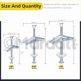 Mardatt 48Pcs 1/8'' 3/16'' 1/4'' Toggle Bolts Assortment Kit, Heavy Duty Toggle Bolt and Wing Nut Toggle Anchors Bolts Hollow Wall Bolts for Hanging Heavy Items on Drywall