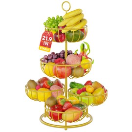 PouHenier.jh 5 Tier Fruit Basket Stand for Counter, Kitchen Tall Tiered Fruit Bowl Organizer for Dining Table Countertop, Multi Level Fresh Produce and Vegetable Holder Rack, Sturdy Metal Wire, Gold