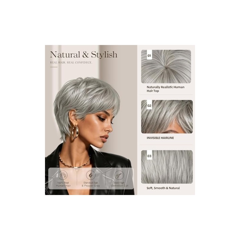 Peluca de cabello humano Pixie de 4 pulgadas gris plateado