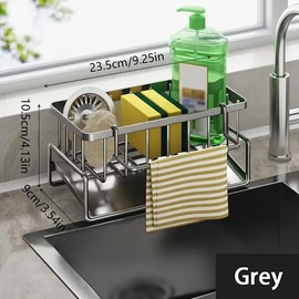 Rust-proof Carbon Steel Kitchen Drain Rack with Removable Rod Sponge & Detergent Storage Rack for Sink Organizer Black gadget rustproof:_grey