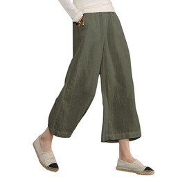 ECUPPER Womens Linen Cropped Pants Loose Casual Capri Cotton Wide Leg Plus Size Elastic Waist with Drawstring Trouses Green XL