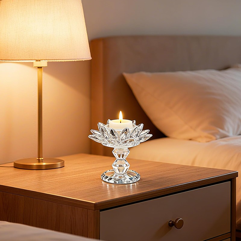 Xisakaca Crystal Lotus Flower Candle Holder, Votive Tealight Candlestick Stand