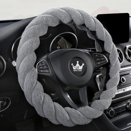 HighnessHwoo Luxury Fluffy Winter Car Steering Wheel Cover for Women Soft Warm Plush Cute Auto Accessories for Vehicle, Sedan, Universal, Fuzzy, Anti Slip, Gray, Standard Size, 14.75-15.15"