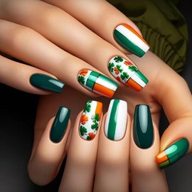 St Patricks Day Press on Nails Medium Square Fake Nails with Clover Designs Full Cover Glue on Nails Irish Flag False Nails Colorful Acrylic Stick on Nails for Women Artificial Nails 24 Pcs