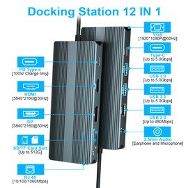 USB C Docking Station, 12 in 1 Triple Display Type C Laptop Hub to 4K DP HDMI, 1080P VGA, 100W PD, 2 USB 3.0 + USB C 3.0 + USB 2.0, 1000M Ethernet, SD/TF Card, 3.5 mm Audio for
