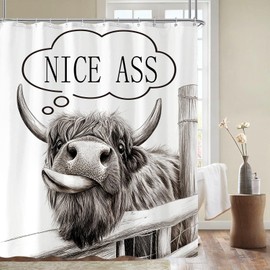 Zussun Funny Highland Cow Shower Curtain Western Rustic Farmhouse Shower Curtains for Bathroom Black and White Fun Cute Bull Cattle Animal Wildlife Waterproof Fabric Bath Curtain Decor 72 X 72 Inch