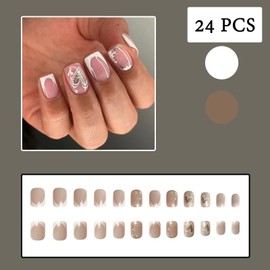 24Pcs Valentine's Day French Press on Nails Short Square Fake Nails with Glitter Heart Designs False Nails Full Cover White French Tips Glossy Valentine's day Acrylic Nails for Women Nails Decoration