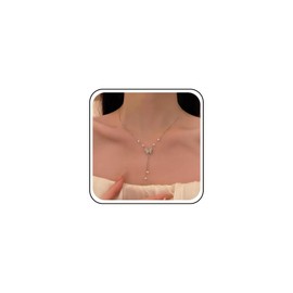 Erimberate Bohemian Butterfly Lariat Y Necklace Crystal Butterfly Choker Necklace Silver Pearl Drop Necklace Chain Vintage Pearl Y Chain Necklace Pearl Tassel Choker Necklace Jewelry for Women