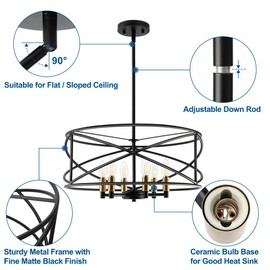 DAKASON Black Chandelier, Farmhouse Pendant Light Fixture for Dining Room, 20” Industrial Hanging Lights for Kitchen Island, Modern Ceiling Lighting Fixture with Metal Cage (E12 Bulbs Not Included)
