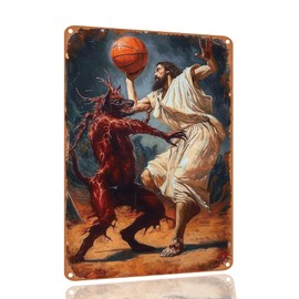 SANTUKEY Vintage Metal Tin Sign Jesus Vs Devil Satan In Basketball Sign Funny Tin Signs Wall Art Decor Plaque For Home Bar Pub Club Cafe Bedroom Gift 8x12 Inch