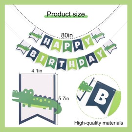 Alligator Happy Birthday Banner – Gator Party Garland for Boys, Crocodile Birthday Decoration Sign, Jungle Reptile Themed Baby Shower Banner, Green Blue Safari Animal Party Decor