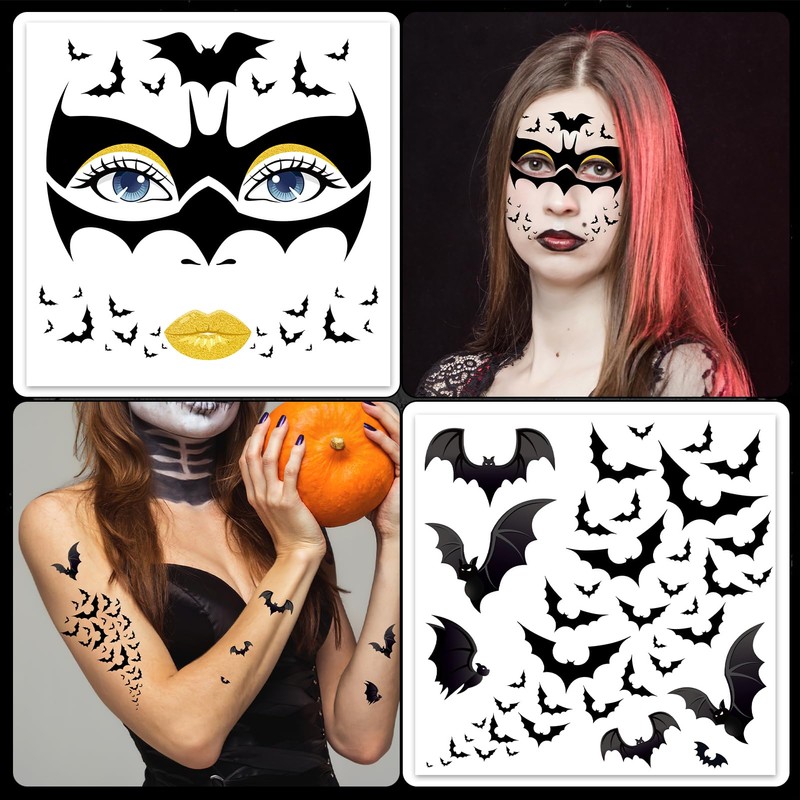 HOWAF 4 Sheets Halloween Face Tattoo Bat Tattoo Face Bat