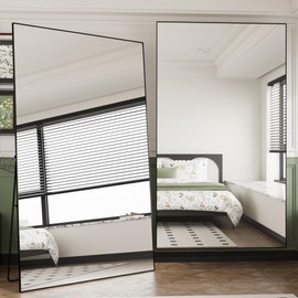 FANYUSHOW 76.3"x37" Full Length Mirror Floor Standing Aluminum Frame for Living Room, Tempered Glass Floor Mirror, Simple Home Decor, Wall Decor for Bedroom & Bathroom, Large Full Body Mirror, Black