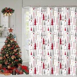YOSTEV Christmas Shower Curtain, Colorful Christmas Tree Shower Curtains for Bathroom Decor, Red Green Winter Holiday Shower Curtain, Merry Christmas Xmas Pine Fabric Cloth Bath Curtain, 72 x 72 Inch