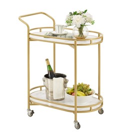 unipaws Bar Cart Gold, Easy Assembly Serving Bar Trolley with 2-Tier Shelves and Rotating Wheels for Home Kitchen Dining and Living Room
