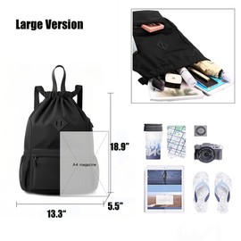 Drawstring Backpack Sports – Water-Resistant Gym Bag with with Side Pockets | Lightweight String Swim Bag for Men & Women, Black