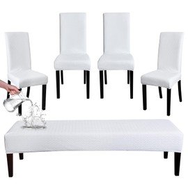 FORCHEER Dining Chair Covers and Bench Covers Set Waterproof White Jacquard Washable Parsons Chair Slipcover Removable Seat Protector for Dining Room- 4 PCS Chair Cover+1 PC Bench Cover