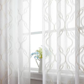 VISIONTEX Sheer Curtains 95 Inches Long 2 Panels Set, Beige and Ivory Moroccan Embroidery Texture Geometric Rod Pocket White Voile Tulle Semi Window Treatment Pair for Bedroom, W54 x L95
