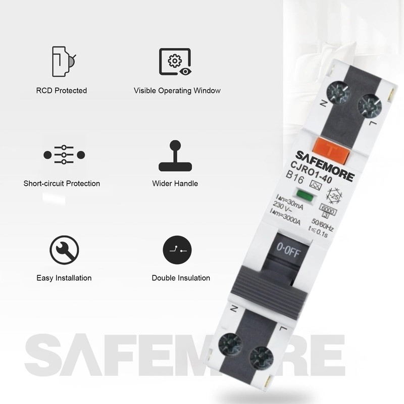 16A RCBO Circuit Breaker, SAFEMORE RCD Safety Switch with Earth