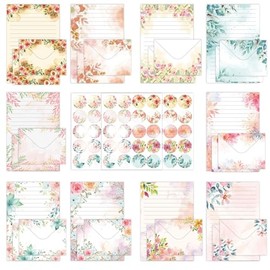 Juego de 160 sobres de papelería y sobres, 50 piezas de papel rayado, 50 sobres y 60 calcomanías para escribir cartas (línea horizontal floral)