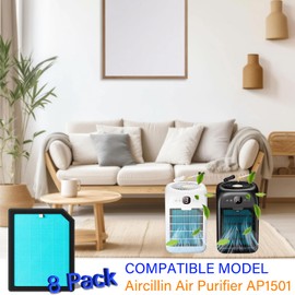 8 Pack AP1501 Replacement Filter for Aircillin AP1501 Air Purifier, 3 in 1, H13 True HEPA with Activated Carbon and Pre-Filter