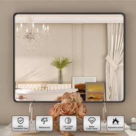 ISTRIPMF Black Mirror for Bathroom 40x32 Inch,Black Metal Frame Vanity Mirror for Wall,Rounded Corner Rectangle Matte Black Mirror,Tempered Glass,Anti-Rust (Horizontal/Vertical)