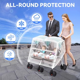 Double Stroller Rain Cover, Waterproof Weather Shield for Side by Side Baby Double Stroller, Twins Stroller Cover for Rain/Wind/Snow/Cold/Dust, Baby Outdoor Accessories