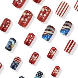 MIXFOSAHN Independence Press on Nails Medium Square Fake Nails Eagle Blue False Nails with Star Designs America Flag Glossy Stick on Nails July 4 Glue on Nails Acrylic Nails for Women Girls 24 Pcs