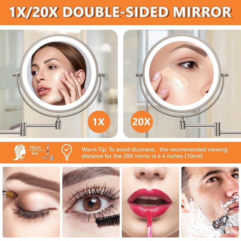 Auxmir 8'' Wall Mounted Lighted Makeup Mirror, 3200mAh Rechargeable Double-Sided