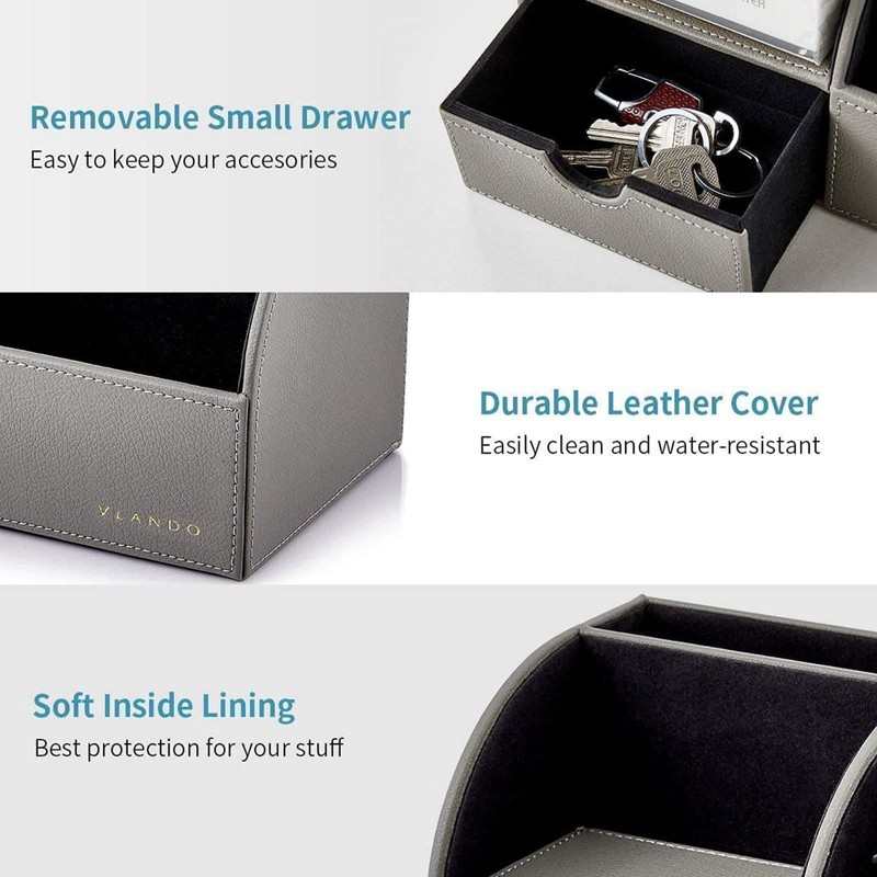 Vlando Desk Organiser with Drawer, Leather Office Stationery Desk Tidy