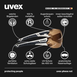 Uvex pheos nxt - premium safety glasses - anti-fog interior, extremely scratch-resistant and chemical resistant exterior - white/black, tinted - one size