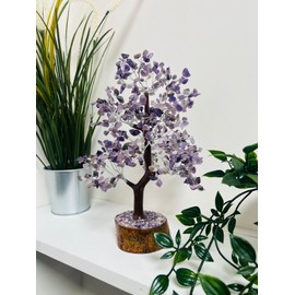 Amethyst Crystal Tree of Life, Purple Gemstone Tree for Good Luck, Positive Energy, House Warming Gift - 300 Healing Feng Shui (Silver Wire)