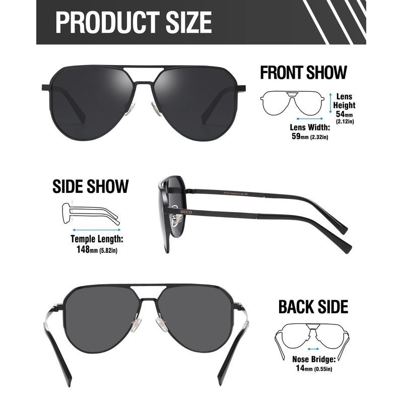 DUCO 3039 Polarized Sunglasses, Unisex, UV400 Pilot, Teardrop Glassan, Fashion