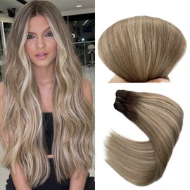 Licoville Human Hair Extensions Sew in Balayage Blonde Hair Bundles Full Head Straight 12 Inch 80grams Hand Tied Weft Hair Extensions Ombre Brown to Light Blonde Highlighted Weave